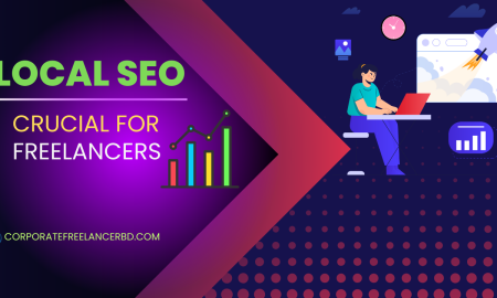 "Corporate freelancer optimizing local SEO on laptop with map and search results"